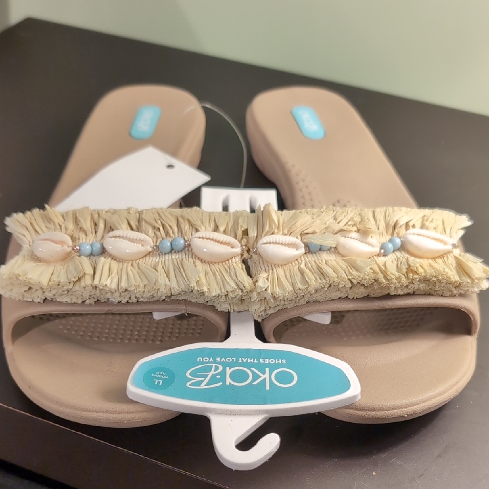 OKA b. Tan Sandals with Shell Accents